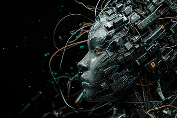 side view of android with microchips and wires covered with metal details on black background