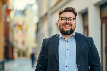 Obraz premium Chubby businessman in professional attire With Beard and Glasses Standing in Front of Building 