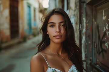 Naklejka premium Beautiful Hispanic Young Woman Standing by Wall outdoor looking at camera. 