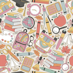 Groovy back to school supplies for students backpack globe calculator textbook etc vector seamless pattern. Hand drawn 1st september education background. - 756379034