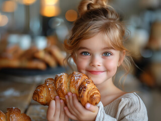 Little eating a croissant in France with happy face and smile