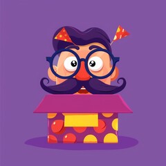 Vector flat cartoon design of April Fool's Day with funny face sticking out from surprise box, mustache and glasses on purple background