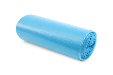 Roll of light blue garbage bags isolated on white