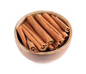 Cinnamon sticks in bowl isolated on white