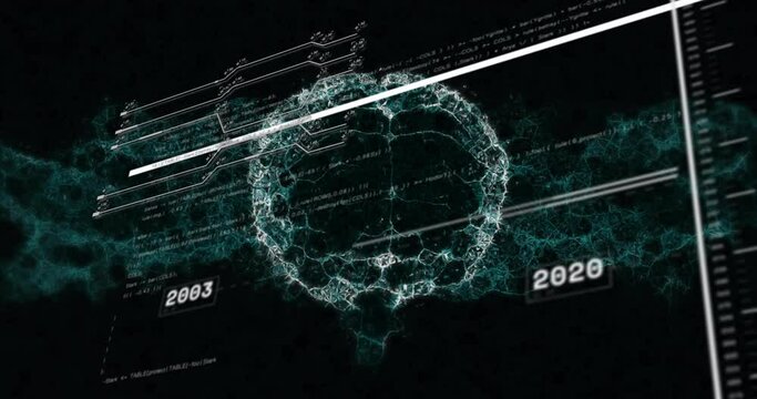 Animation of data processing and spinning brain over dna strand