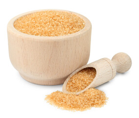Brown sugar in bowl and scoop isolated on white