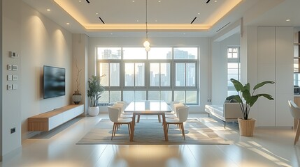 Modern minimalist style, open living room and dining area with a white table in the center of an apartment. Generative AI.