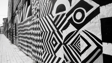 Naklejka premium Monochrome urban street art mural with abstract geometric patterns on a building wall, suitable background for adding text, with a sidewalk perspective, Jerez Spain