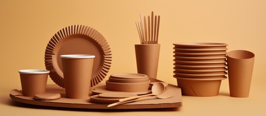 A tray filled with wooden tableware including paper plates, cups, utensils, and straws. The set features metal cylinders and titanium dishware in a circle