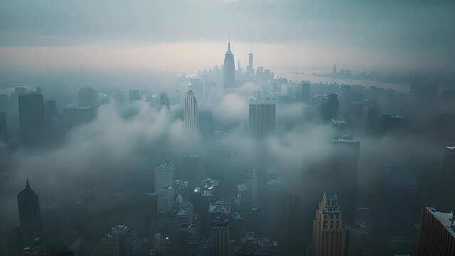 Aerial view captures the city skyline cloaked in thick fog and dirty air.
