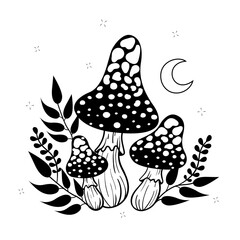 Champignons psychédéliques style linéaire noir avec une lune