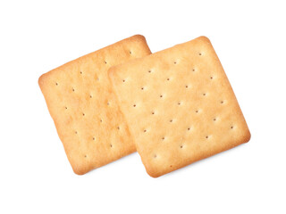 Two crispy crackers isolated on white, top view. Delicious snack