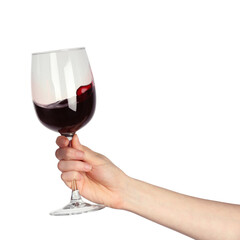Woman with glass of wine isolated on white, closeup