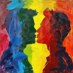 Couple gay men, facing each other, with a background of the colors of the lgbt flag. Gay Pride's day. Icon