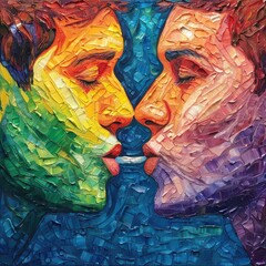 Couple of homosexual men, facing each other, united by a spaghetti, with a blue background. Watercolor. LGBT. Gay Pride's day.