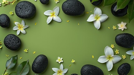 a flat lay composition with black spa stones and flowers isolated on a lush green background, offering free copy space for text.
