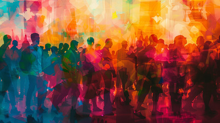 Vibrant multicolored abstract painting of a crowd with overlay textures, suitable for backgrounds with space for text, depicting themes of diversity, community, and social gatherings