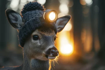 Fototapeten A roe deer with a lantern on its head stands in a dark forest © Александр Лобач