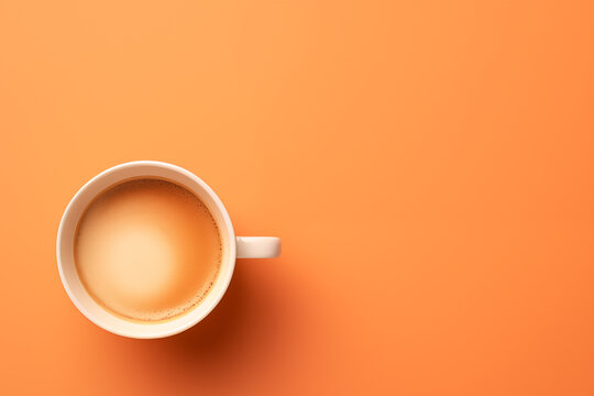 Cup of coffee on orange background, top view, copy space.