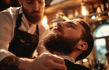 A man with a beard is getting a haircut by another man - obrazy, fototapety, plakaty