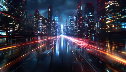 Foto op Plexiglas modern and majestic city views, Reflective Urban Night Scenes with futuristic Speed ​​of Light © AhmadTriwahyuutomo