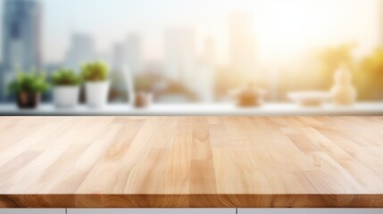 An empty wooden countertop against the blurred background of a modern kitchen. Horizontal Banner, Template, Layout, showcase, platform for the Presentation of goods, dishes, Food, Vitamins.