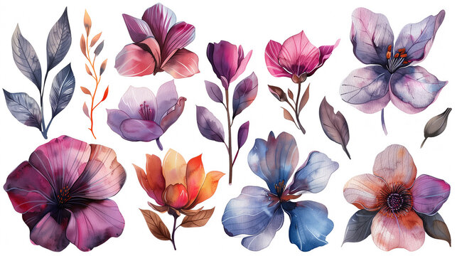 Collection of watercolor floral elements with vibrant colorful flowers and leaves, suitable for elegant spring-themed designs or backgrounds, with ample negative space for text