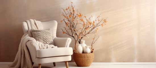 Cozy armchair and decorations by neutral-colored wall. Room for text.