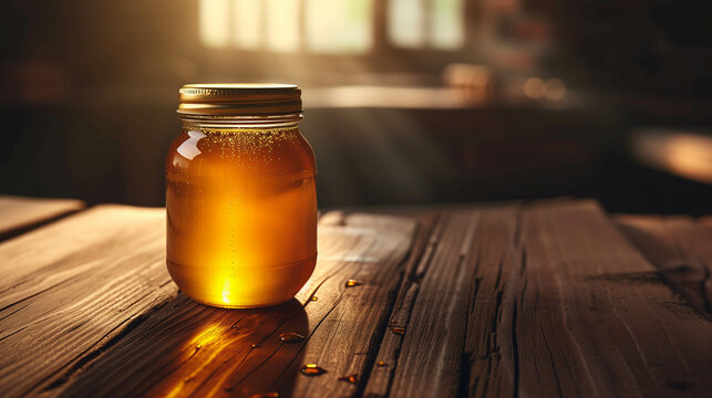 A jar full of honey. Placed on a wooden table by the window. There was soft sunlight shining on it, shining like gold.