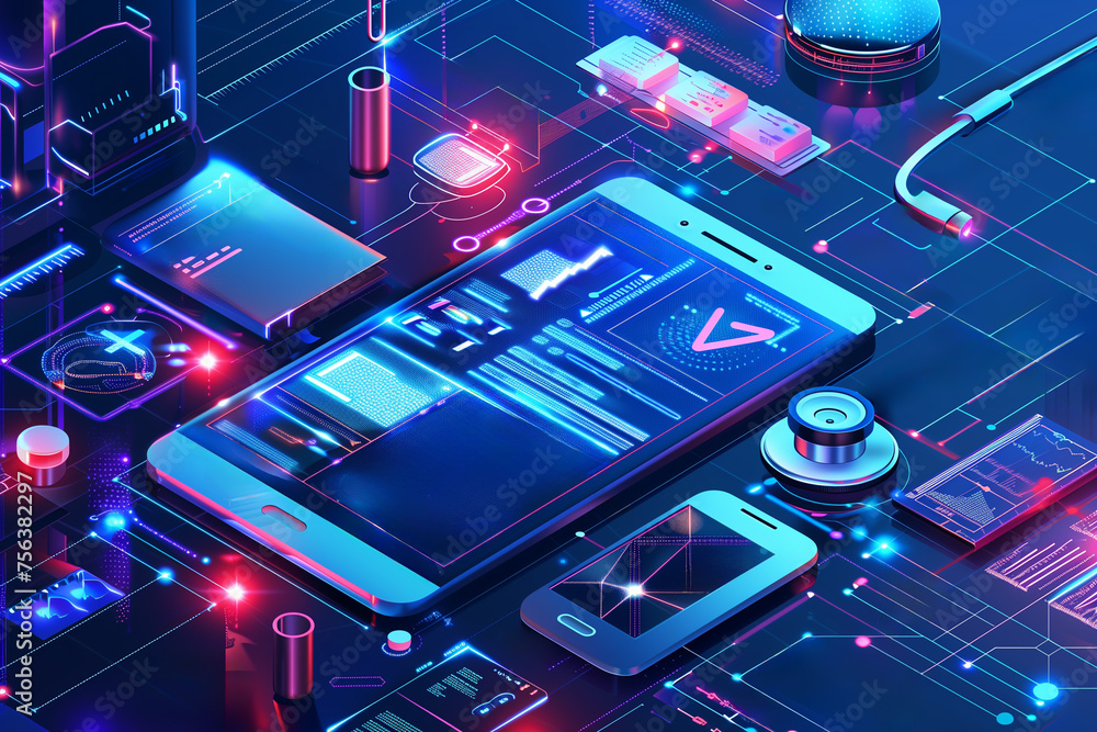 Poster futuristic digital technology concept with isometric smartphones, gadgets, and interface elements on