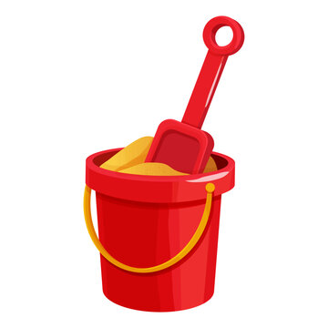 Red bucket with shovel on golden sand, toys isolated on white background. Kid summer game outdoors.