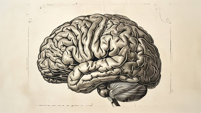 Detailed vintage medical illustration of a human brain, isolated on a light background with copy space, perfect for educational and scientific materials