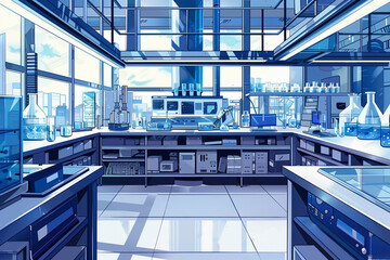 Modern, clean laboratory interior with advanced scientific equipment, blue tones, suitable for technology or research-themed backgrounds with copy space - obrazy, fototapety, plakaty