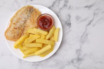 Delicious fish and chips with ketchup on light marble table, top view. Space for text