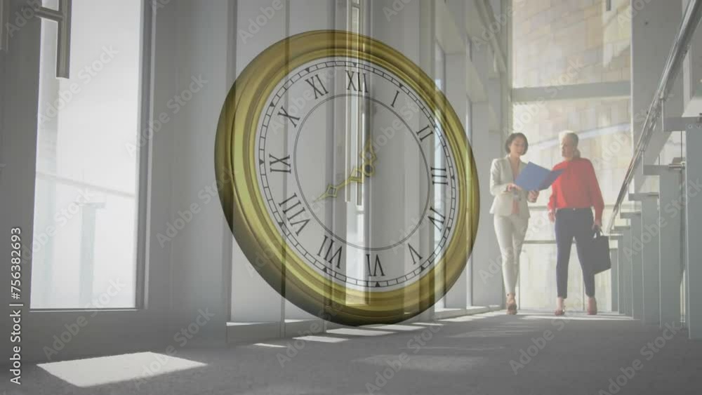 Poster animation of moving clock over diverse colleagues walking and discussing work in office