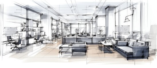 Office interior sketched on a white surface - obrazy, fototapety, plakaty