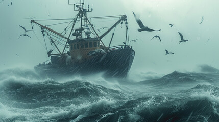 A ship sails on a stormy sea with birds flying around. Generated AI.