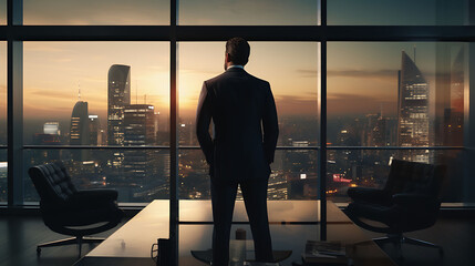 A confident businessman consultant, his silhouette outlined against a backdrop of floor-to-ceiling windows, commanding the attention of the viewer with his magnetic presence