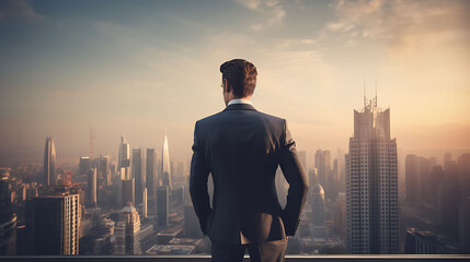 A confident businessman consultant, his gaze unwavering as he stands before a panoramic cityscape,...