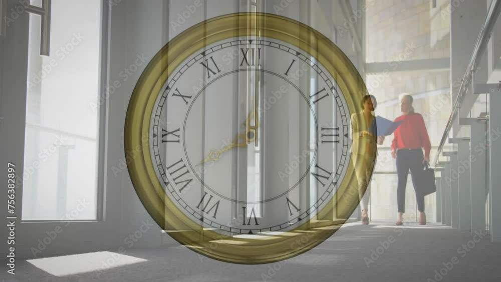 Poster Animation of moving clock over diverse colleagues walking and discussing work in office