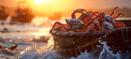 Crabs are seen lying in a boat against the backdrop of a sunset with bokeh and glare while they are being caught. Generated AI.