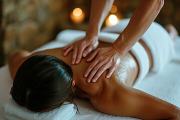 Masseur doing massage on body in spa salon with candles. Wellness therapy, treatment woman back - obrazy, fototapety, plakaty