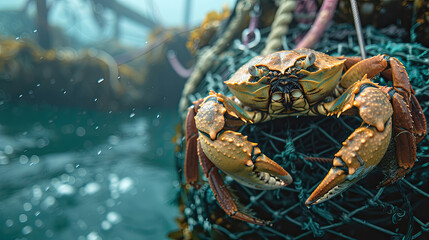 A crab sits on a fishing net catching crabs. Generated AI. - obrazy, fototapety, plakaty
