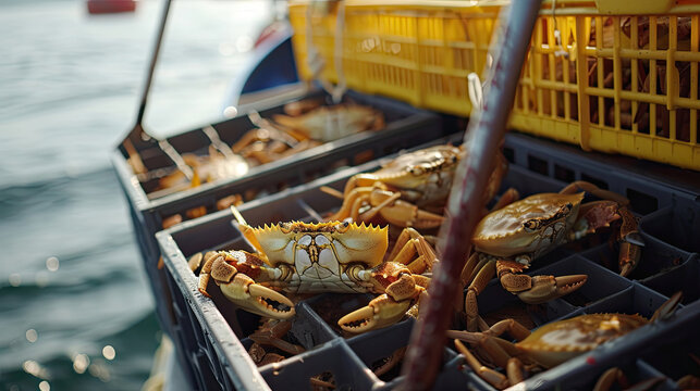  Crabs in crates stand near the sea catching crabs. Generated AI.