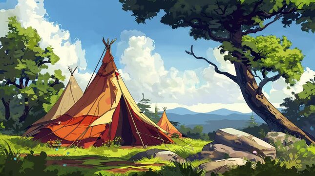 Sunny Retreat: Bask in the warmth of a sun-kissed day as an Indian tent stands proudly, offering a haven of shade and tr Seamless looping 4k time-lapse virtual video animation background. Generated AI