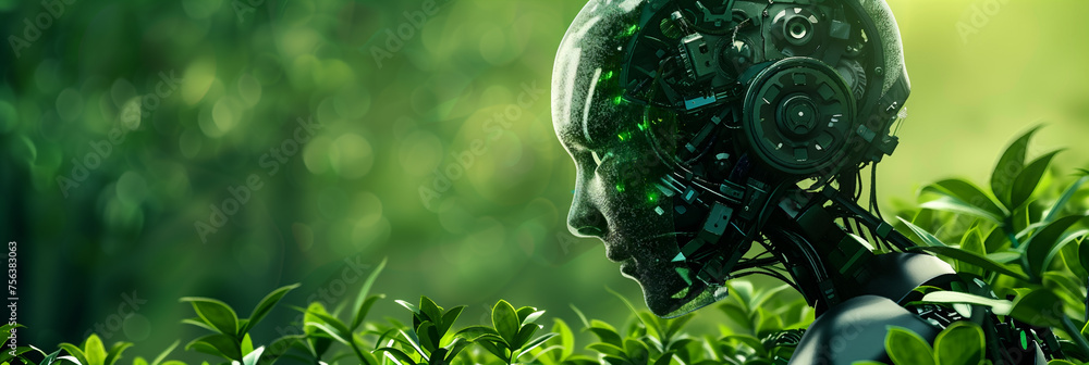 Aufkleber conceptual image of an advanced humanoid robot head with intricate details in a lush green foliage b