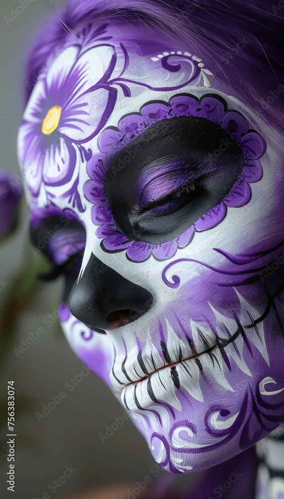 Poster day of the dead skeleton face painting backdrop with ample space for text placement