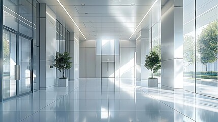 Modern entrance hall with glass curtain walls on the left and right sides of white building blocks. Generative AI. - 756383048