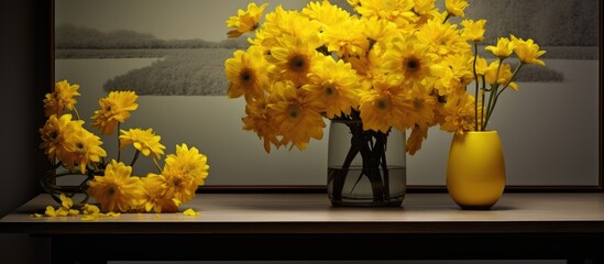 A vase filled with yellow flowers sits on the table, adding a pop of color to the room. The petals...