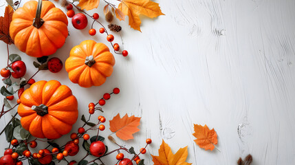 Frame with pumpkins and autumn leaves on a white wooden background. Design banner template for autumn cards, halloween, harvest with place for text